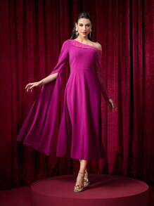 Modelyn Vestido largo de manga larga con cuello oblicuo de encaje de contraste asimétrico elegante para mujeres, vestido largo minimalista adelgazante de lujo elegante