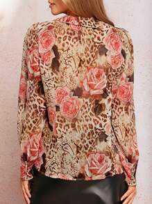 SHEIN Clasi Women's Elegant Leopard Print Floral Romantic Print Ruffle Collar Long Sleeve Shirt