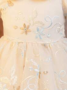SHEIN Glamorique Kids 年轻女孩四季花卉腰部泡泡袖网眼泡泡袖优雅派对连衣裙，适合春假 - 香檳色 - 查看 6