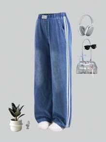 青少年男孩字母印花口袋阔腿休闲牛仔裤可爱宽松牛仔裤低腰宽松牛仔裤廉价宽松牛仔裤宽松牛仔裤女孩蓝色宽松牛仔裤 - 藍色 - 查看 1