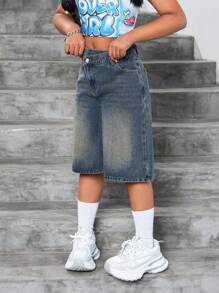 SHEIN Quần short Bermuda denim màu xanh dương dáng rộng, cạp chun bất đối xứng, phong cách Y2K thời thượng dành cho bé gái tuổi teen, thích hợp cho phong cách đường phố. - Rửa trung bình - Xem 6