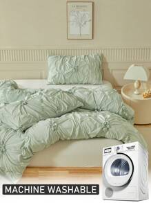 2/3pcs Set Pale Green Ruched Microfiber Duvet Cover Set, Simple Solid Color Farmhouse Style Bedding Set, Suitable For All Seasons, Queen Size (1 Duvet Cover + 1/2 Pillowcases) - Pastel Green - View 5