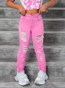 SHEIN Leggings de mezclilla rosa ajustados y rasgados de longitud hasta el tobillo con efecto amontonado, para niñas preadolescentes - Conjunto de ropa para primavera, verano, vacaciones y festivales