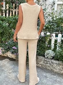 SHEIN 2 件孕妇纯色圆领无袖上衣和阔腿裤套装休闲两件套 2 件套休闲两件套女裤