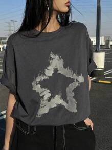 DAZY Women Ink Starry Print Round Neck Drop Shoulder T-Shirt Graphic Tee Oversized T-Shirt - Dark Grey - View 3