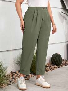 SHEIN LUNE Plus High Summer Pants Waist Plicated Detail Pants Western Wear Women Festival Boho Hippie Cowgirl Old Money Bohemian - Olive Green - View 1