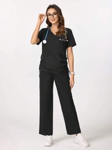 TaskEZ V-Neck Drawstring Short Sleeve Top And Pants /Nursing Scrub Uniform Set - Black - View 6