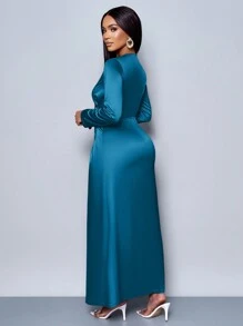 SOLERSUN Đầm ôm body bằng vải satin nhún bèo màu trơn thanh lịch dành cho nữ, thích hợp cho trang phục dự tiệc hẹn hò Maxi dành cho nữ - Màu xanh ngọc - Xem 2