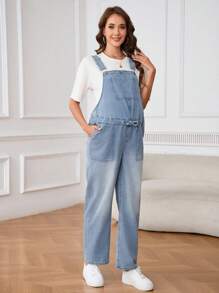 SHEIN 孕妇口袋腰带休闲牛仔背带裤 - 淺色水洗藍 - 查看 6