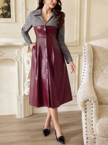 Vintamour 复古优雅女式长袖衬衫领 PU 皮革拼接口袋 A 字裙、休闲与办公装 女士度假装 女士夏季装 女士红色连衣裙 女士连衣裙 优雅长袖连衣裙 商务休闲女士 婚礼宾客连衣裙 女士优雅连衣裙 酒红色连衣裙 女士服装 女士长裙 红色连衣裙 优雅巡航装 女士办公室服装 女士工作服