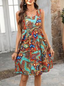EMERY ROSE 女士无袖休闲节日印花圆领连衣裙 - 彩色 - 查看 4