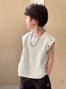 SHEIN 1pc Young Boys Comfortable Daily Versatile Japanese And Korean Style Simple Casual Texture Fabric Round Neck Sleeveless Knitted Top T-Shirt, Suitable For Spring And Summer Seasons, Daily Life, Sports, Campus, Gatherings, Festivals, Performances, Photography, Back To School Season - White - View 7