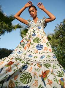 Travachic Women's V-Neck Tropical Floral Print Ruffle Sleeve Casual Vacation Dress,Casual Holiday Wear,Summer Outfits For Women