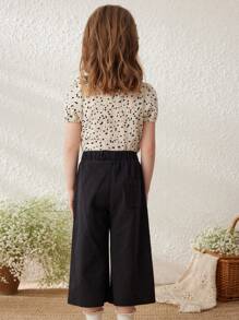 Blossori Spring & Summer Elegant Young Girls Set: French Style Apricot Base Black Polka Dot Blouse & Black Woven 7/8 Pants - Black and White - View 2
