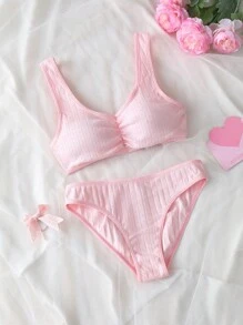 Tween 女童纯色荷叶边内衣套装 - 胸罩 + 内裤 2 件 - 杏色 - 查看 1