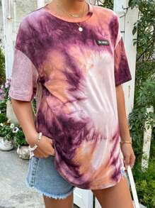 SHEIN Tie-Dye Oversized Maternity Round Neck Drop Shoulder Slogan T-Shirt Women Casual Tops Summer Clothes Women Tops Spring Clothes Women Tops T Shirts For Women - Multicolor - View 5