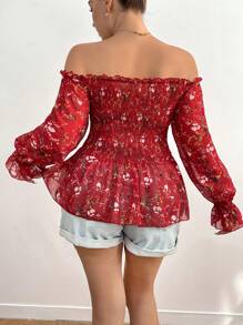 Sunnyshic Blusa evasé con hombros descubiertos, mangas abullonadas de gasa y estampado