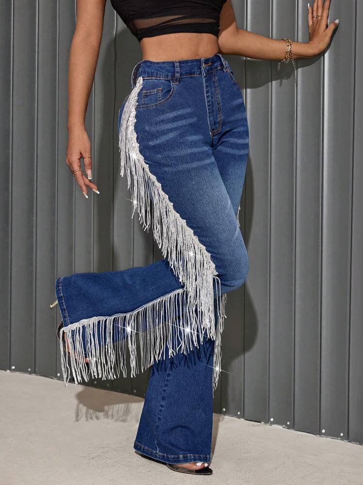 SHEIN SXY Jeans de mezclilla acampanados con flecos para mujer, para salir y fiestas