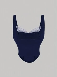 SHEIN MOD 女士拼色无袖休闲修身衬衫，适合休闲和度假 - 藏蓝色 - 查看 4