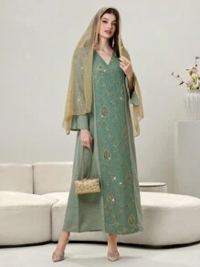 Al Najma 刺绣亮片撞色拼接V领开衩下摆迷人连衣裙 - 綠色 - 查看 7