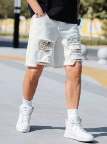 Manfinity Roghcode Shorts vaqueros de algodón para hombre, de corte holgado y con diseño desgarrado y de escalera - Beis - Ver 4