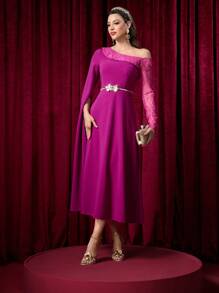 Modelyn Vestido largo de manga larga con cuello oblicuo de encaje de contraste asimétrico elegante para mujeres, vestido largo minimalista adelgazante de lujo elegante