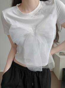 DAZY 女士纯色短袖 T 恤，简约时尚休闲日常 - 白色 - 查看 1