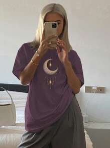 DAZY Women's Solid Color Round Neck Loose Long Short Sleeve T-Shirt Graphic Tee Oversized T-Shirt
