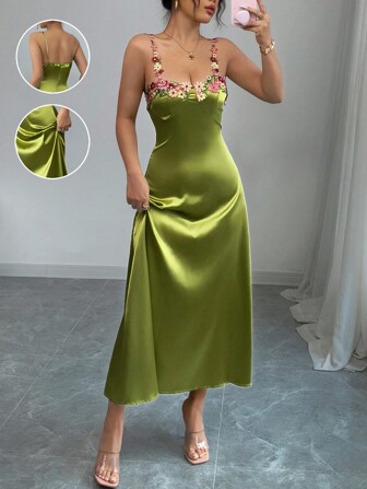 Rafferiza 绿色优雅 V 领蕾丝边收腰连衣裙，春夏