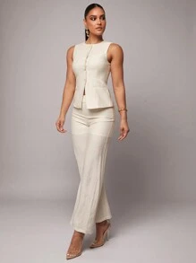 Silquee Women Summer Solid Color Single-Breasted Vest & Pants Suit Office Commuting Set, Autumn/Winter Suit, Spring/Summer Linen Tops + Trousers