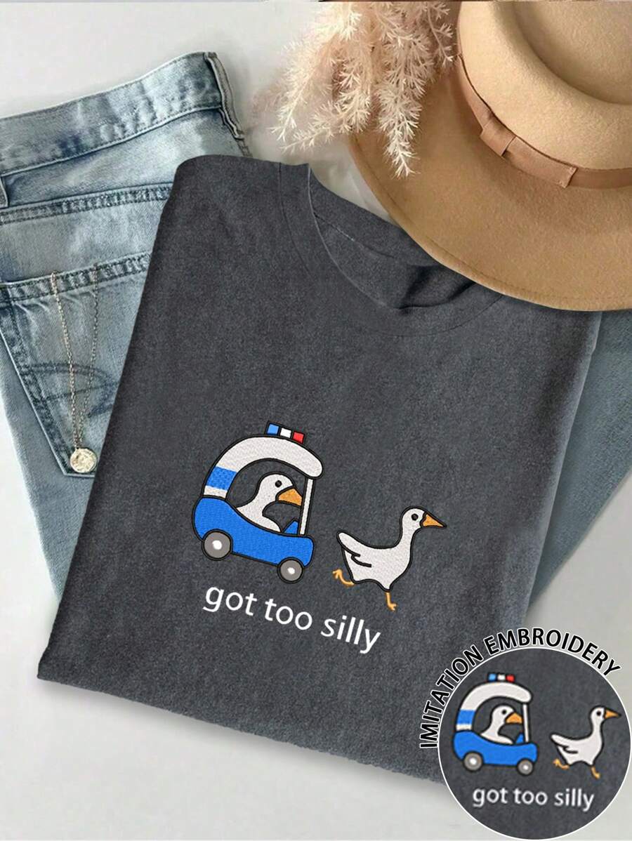 INAWLY Áo thun cổ tròn in hình chú ngỗng cảnh sát ngộ nghĩnh thêu ngộ nghĩnh cho nữ cỡ lớn, thoải mái, áo phông họa tiết cho nữ mùa hè - Màu xám đen - Xem 1