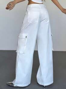 SHEIN EZwear Women's Solid Color Front Button Pocket Casual Cargo Pants
