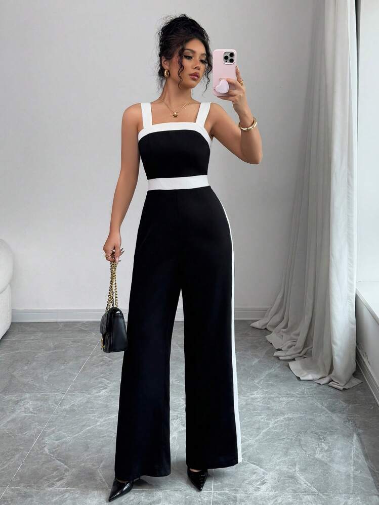 Elenzga Women's Two-Tone Sleeveless Wide Leg Casual Jumpsuit - Black and White - View 5