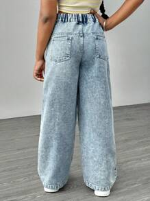 SHEIN Sparklyn Tween Girl Casual Jeans With Front Buttons, Pockets & Floral Embroidery - Medium Wash - View 2