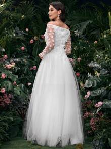 Coutiva Elegant Off Shoulder White Wedding Dress With 3D Floral Decor Wedding Dresses For Bride Bridal Gown Women Wedding Dresses Wedding Women Dresses Wedding Dress Long Sleeve,Reception Dress For Bride White Dress For Women Women Dress Wedding Wedding Dresses Woman Dress - White - View 3