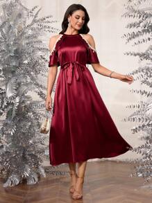 Modelyn Women Elegant Round Neck Off Shoulder Sleeve Splice Decor Belted Waist Dress - Red - View 7