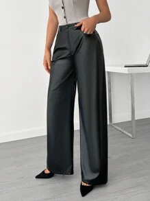 EURMUSE Woman Clasi Pu Leather Zipper Front Wide Leg Casual Pants Solid Color Loose - Black - View 4