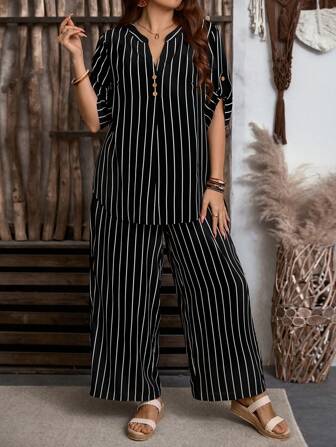 EMERY ROSE 2pcs/Set Plus Size Front Button Short Sleeve Stripe Top And Pants Set,Vacation Outfits Woman,Boho For Women
