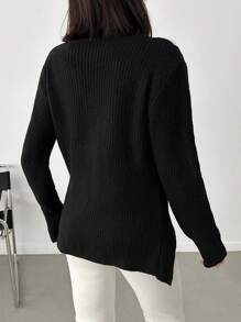 EURMUSE Casual Contrast Color Cross Cord Placement Rib Knit Sweater With Slit - Black - View 2