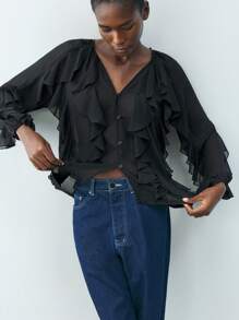 Maija Áo sơ mi ren nhiều lớp màu đen thanh lịch hiện đại mùa xuân và mùa hè mới dành cho nữ, tuyệt đẹp hàng ngày, giản dị, lãng mạn, kỳ nghỉ, thích hợp cho các buổi tiệc ngoài trời, khách dự tiệc cưới, phong cách quý tộc cổ điển, ngày lễ tình nhân, trang phục nữ thập niên 90, lễ hội âm nhạc Bohemian - màu đen - Xem 1