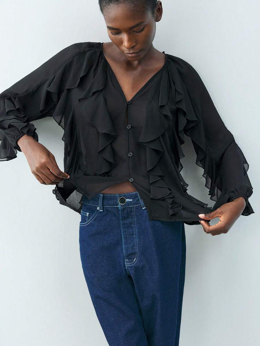 Maija Áo sơ mi ren nhiều lớp màu đen thanh lịch hiện đại mùa xuân và mùa hè mới dành cho nữ, tuyệt đẹp hàng ngày, giản dị, lãng mạn, kỳ nghỉ, thích hợp cho các buổi tiệc ngoài trời, khách dự tiệc cưới, phong cách quý tộc cổ điển, ngày lễ tình nhân, trang phục nữ thập niên 90, lễ hội âm nhạc Bohemian - màu đen - Xem 1