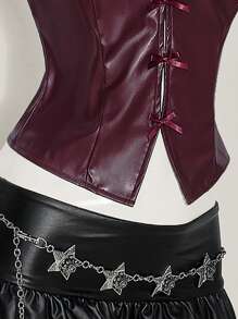 SHEIN ICON 女士纯色勃艮第红色蝴蝶结装饰时尚 PU 皮革挂脖吊带背心