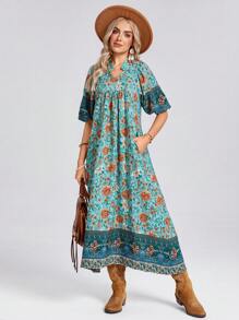 SHEIN LUNE 立领 V 领灯笼袖褶饰高低下摆度假优雅女士长裙带印花