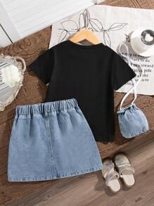 SHEIN Girls Young Girl Summer New Minimalist T-Shirt Leopard Print Bow Top + Denim Skirt + Embroidered Bow Shirt + Denim Crossbody Bag Casual Summer Outfit - Multicolor - View 2