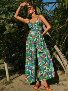 Travachic 女士热带印花阔腿连体裤，非常适合度假，女士夏季服装，热带度假女士服装 - 綠色 - 查看 4