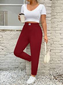 SHEIN Essnce 女式大码口袋贴片铅笔裤，休闲时尚百搭休闲裤 - 酒紅色 - 查看 5