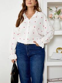 SHEIN Frenchy Plus Size Casual Office Heart Print Ruffle Sleeve Shirt - White - View 4