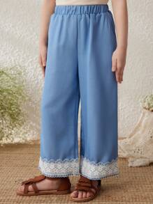 Blossori Quần denim ống rộng cạp chun co giãn viền ren màu xanh thanh lịch cho bé gái, mùa xuân/hè - Màu xanh lam - Xem 3