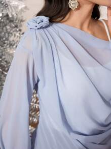 Modelyn Flowy Open Shoulder Chiffon Blouse, Minimalist Design For Women - Blue - View 8