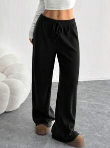 SHEIN EZwear 女式新款罗纹纯色前系带休闲宽松长裤 - 黑色 - 查看 6